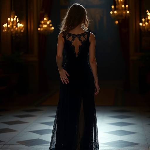 Abito da sera in velluto nero con dettagli in pizzo, collezione Notti Fiorentine