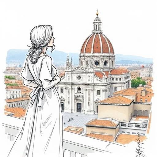 Architetto che disegna un bozzetto di un nuovo abito in un ufficio con vista sul Duomo di Firenze.