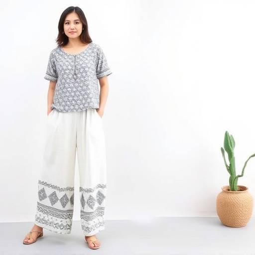 Completo spezzato con pantaloni palazzo e top in lino della collezione 'Estate Italiana', con colori vivaci e stampe geometriche.