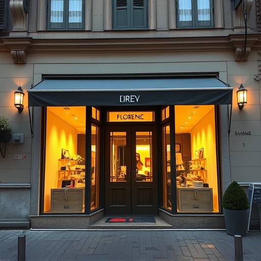 Foto dell'ingresso della boutique di Eleganza Fiorentina in Via Roma, Firenze, con vetrine illuminate e manichini che indossano le nostre ultime creazioni.