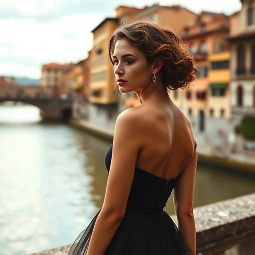 Modella che indossa un abito della nuova collezione Autunno/Inverno 2023 di Eleganza Fiorentina, con lo sfondo del Ponte Vecchio a Firenze.