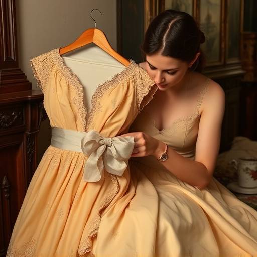 Sarta che cuce a mano un abito in un laboratorio artigianale fiorentino.